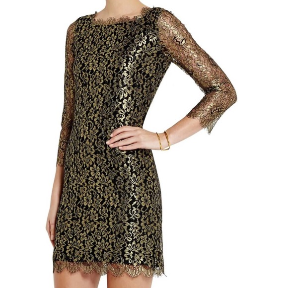 Diane Von Furstenberg Dresses & Skirts - Diane von Furstenberg Zarita Gold Metallic Floral Lace Sheath Cocktail Dress